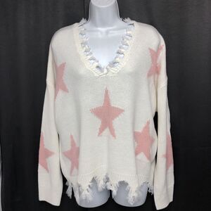 Sweet & Sinful Womens Large Cream Frayed Design Pink Stars Sweater L